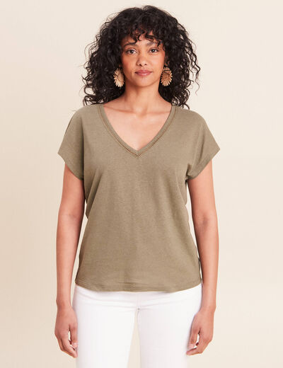 T-shirt col v manches courtes aspect lin vert kaki femme