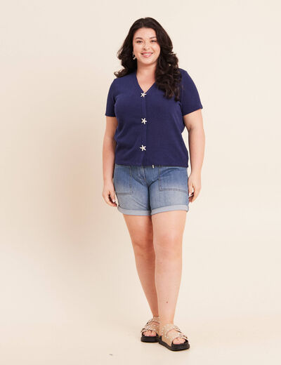 T-shirt col v manches courtes bleu marine femme