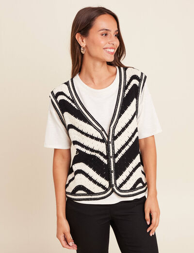 Gilet court droit col v en coton noir femme