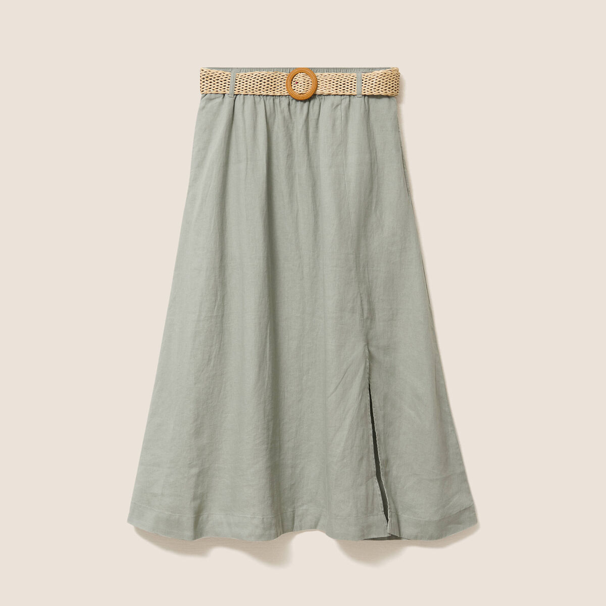 Jupe aspect lin avec ceinture amovible vert clair femme