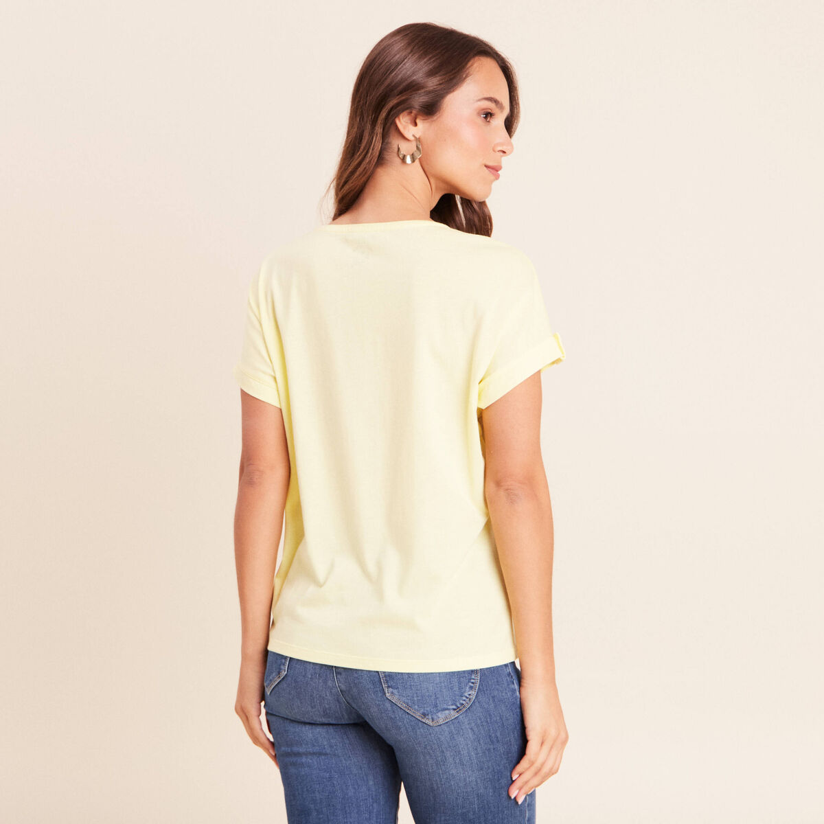 T-shirt col rond manches courtes jaune pastel femme
