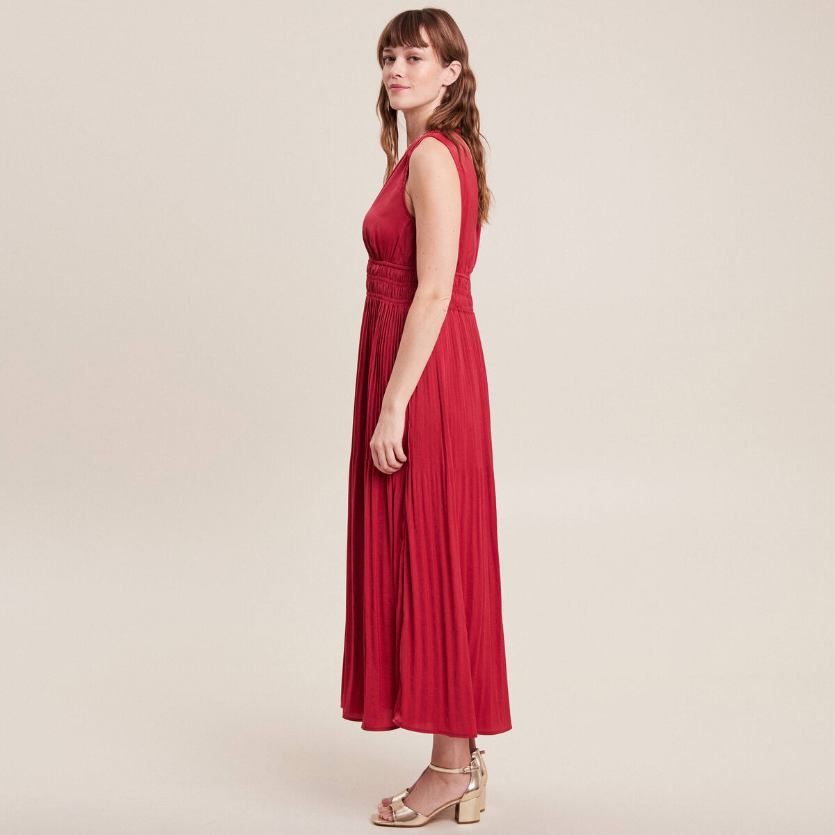 Robe longue empire satin bordeaux femme