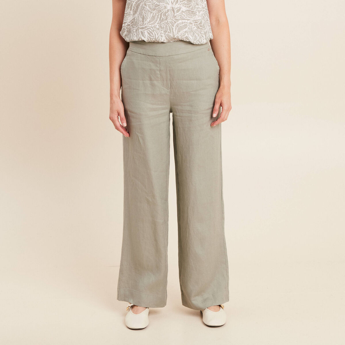 Pantalon large taille haute en lin vert clair femme
