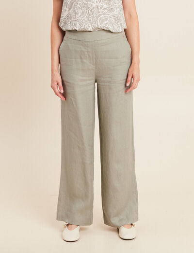 Pantalon large taille haute en lin vert clair femme