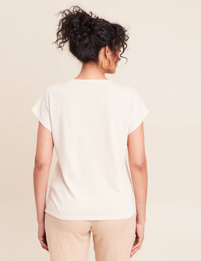 T-shirt col v manches courtes aspect lin beige femme
