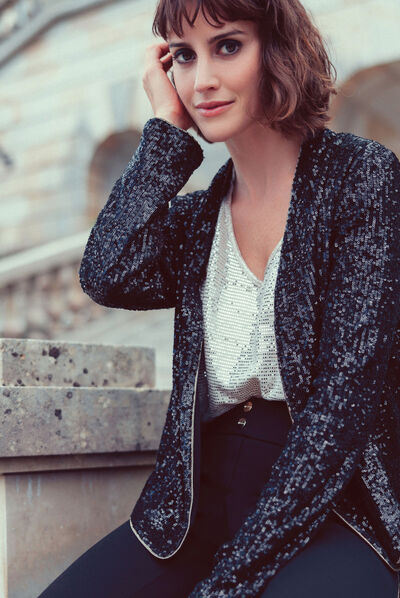 Veste droite avec sequins noir femme