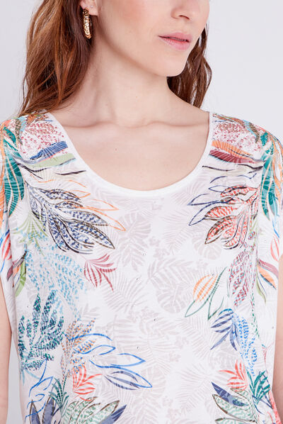 T-shirt manches courtes strass ecru femme