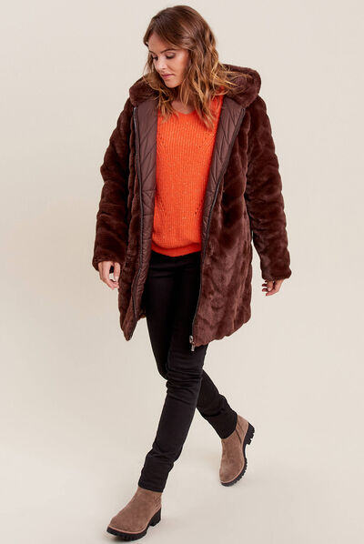 Manteau fausse fourrure réversible marron foncé femme