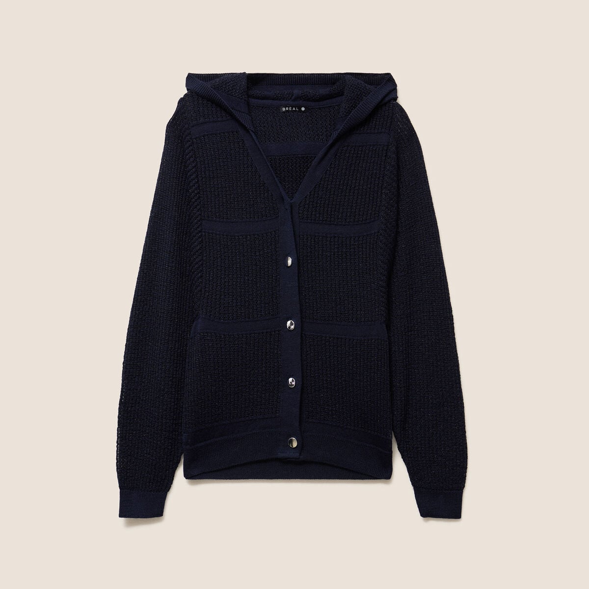 Gilet ajour&eacute; &agrave; capuche manches longues bleu marine femme