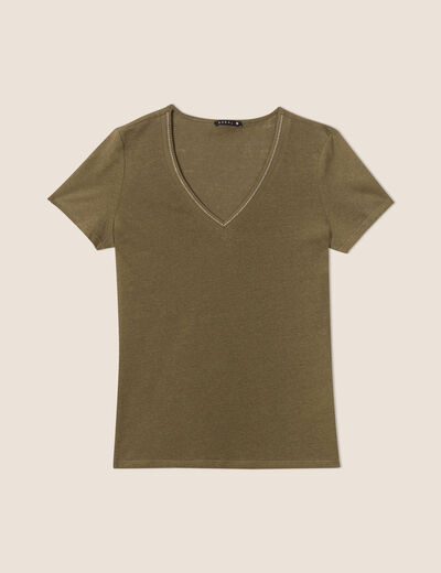 T-shirt manches courtes col en V vert olive femme