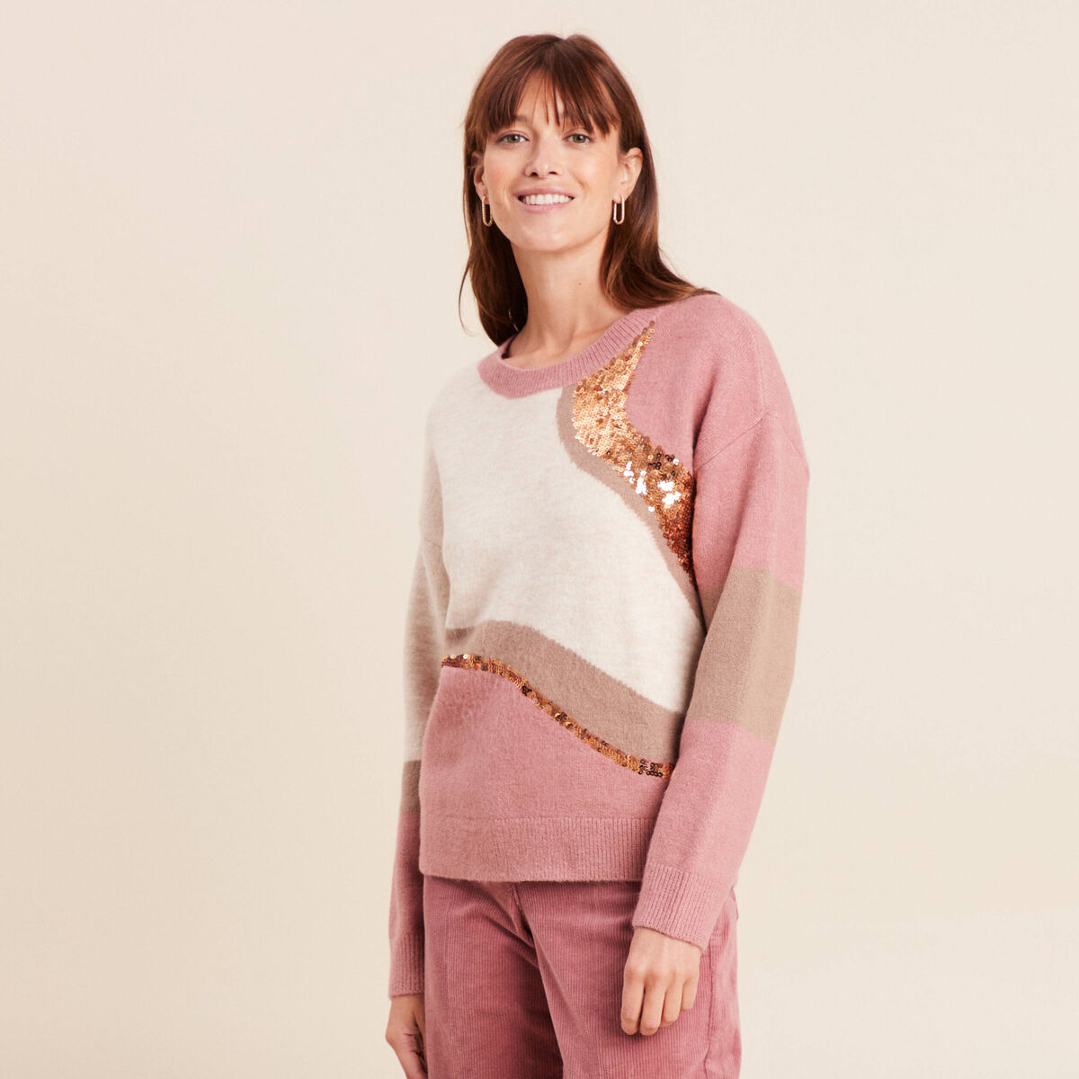Pull col rond manches longues &agrave; sequins taupe femme