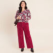 Pantalon large velours c&ocirc;tel&eacute; rouge fonc&eacute; femme