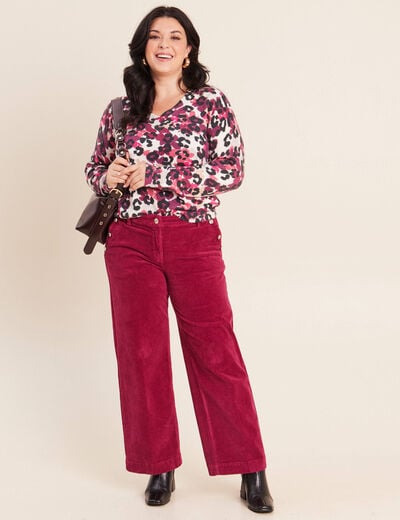Pantalon large velours c&ocirc;tel&eacute; rouge fonc&eacute; femme