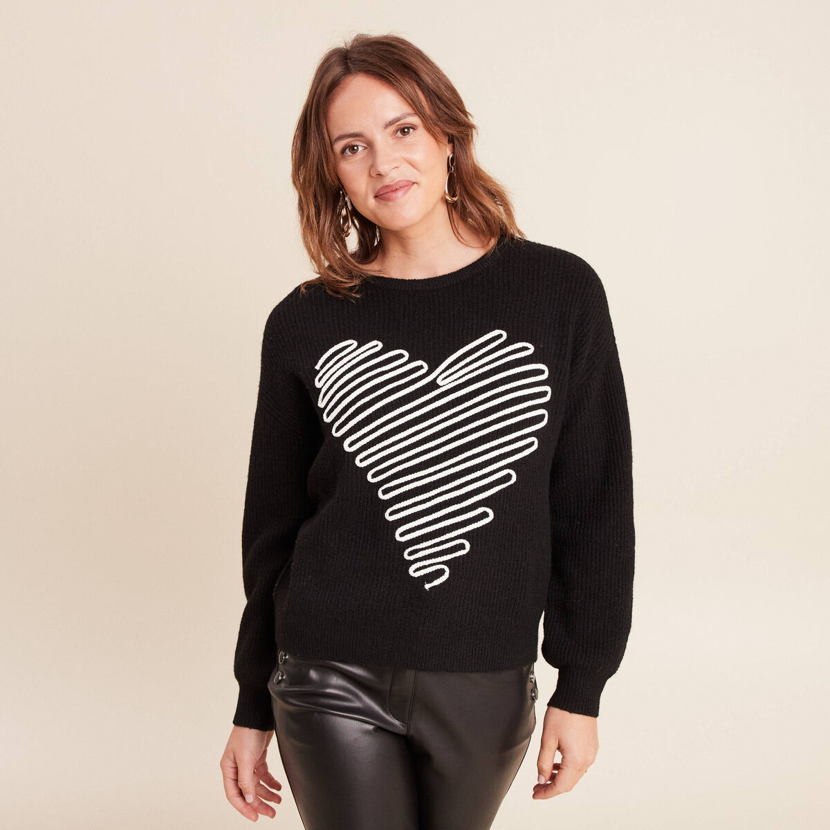Pull col rond manches longues noir femme