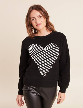 Pull col rond manches longues noir femme