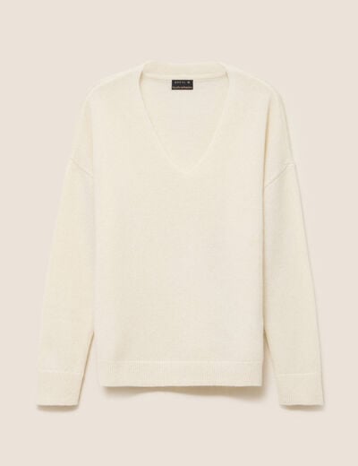 Pull en cachemire col v ecru femme