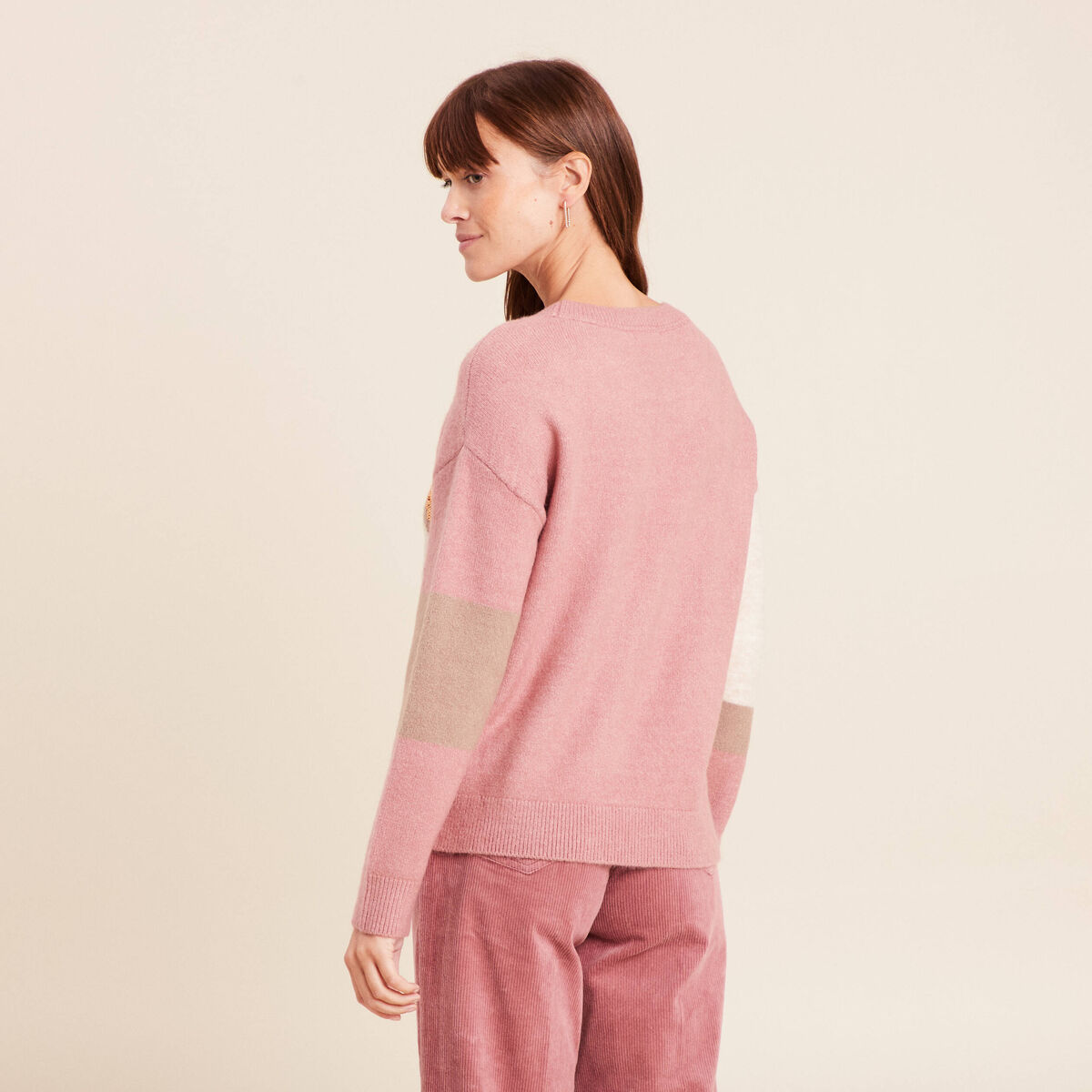 Pull col rond manches longues &agrave; sequins taupe femme