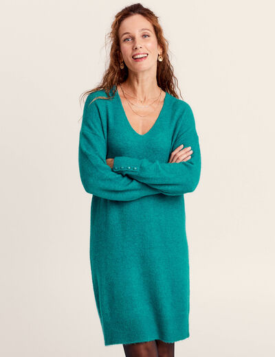 Robe pull droite col en V vert canard femme