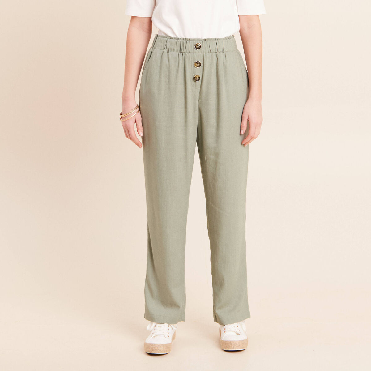 Pantalon large taille haute vert clair femme
