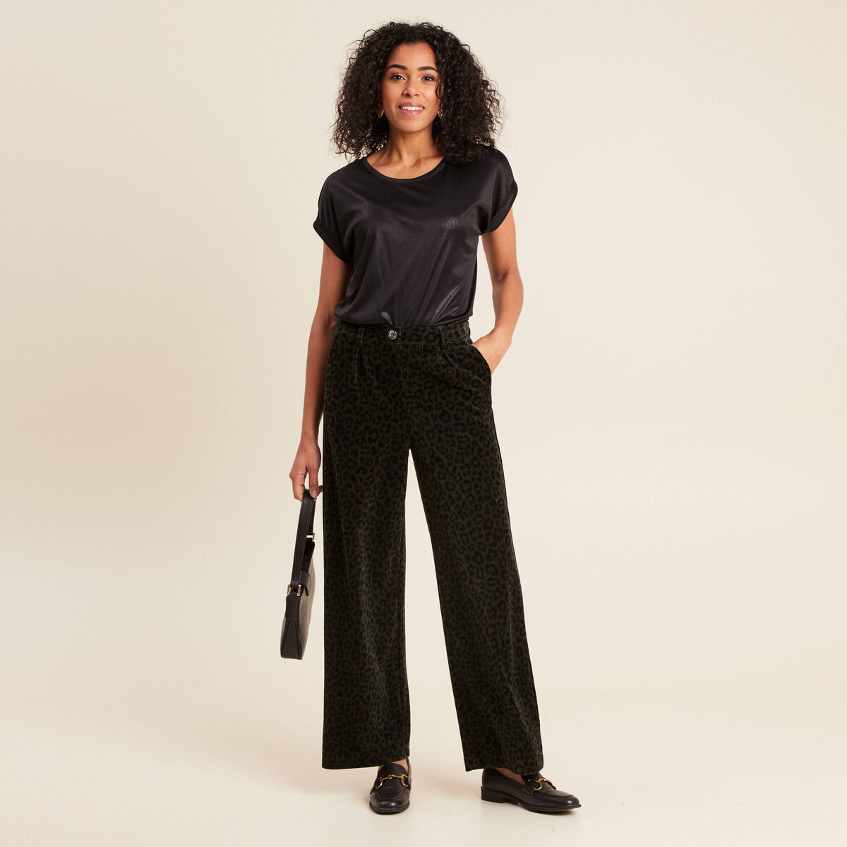 Pantalon large velours vert foncé femme