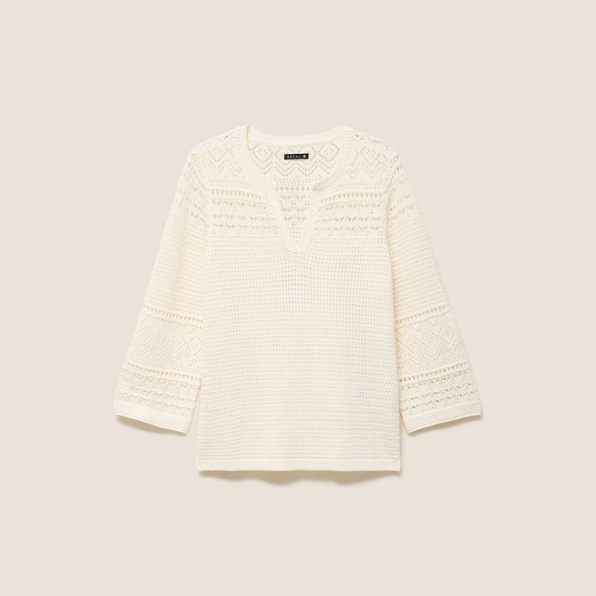 Pull col tunisien manches 3/4 ecru femme