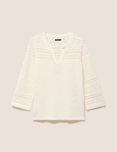 Pull col tunisien manches 3/4 ecru femme
