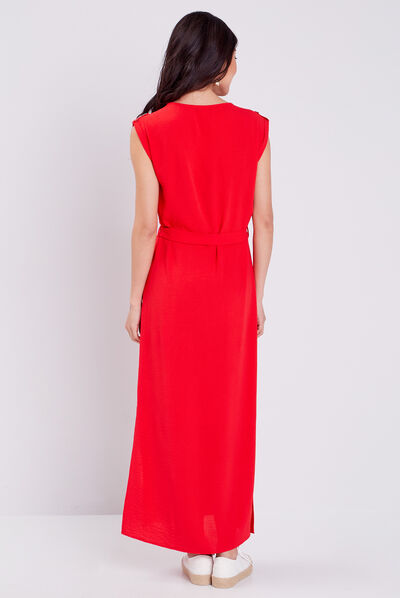 Robe longue droite ceinturée rouge femme