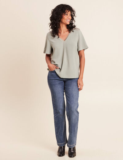 T-shirt bi-mati&egrave;re manches courtes vert clair femme