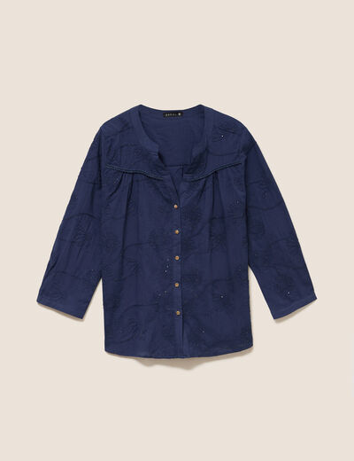 Blouse col tunisien manches 3/4 bleu marine femme