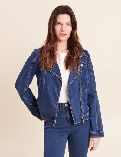 Veste ajust&eacute;e en jean col biker denim stone femme