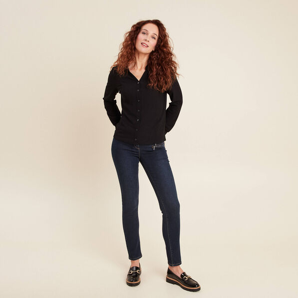 Jean ajusté taille basculée denim brut femme