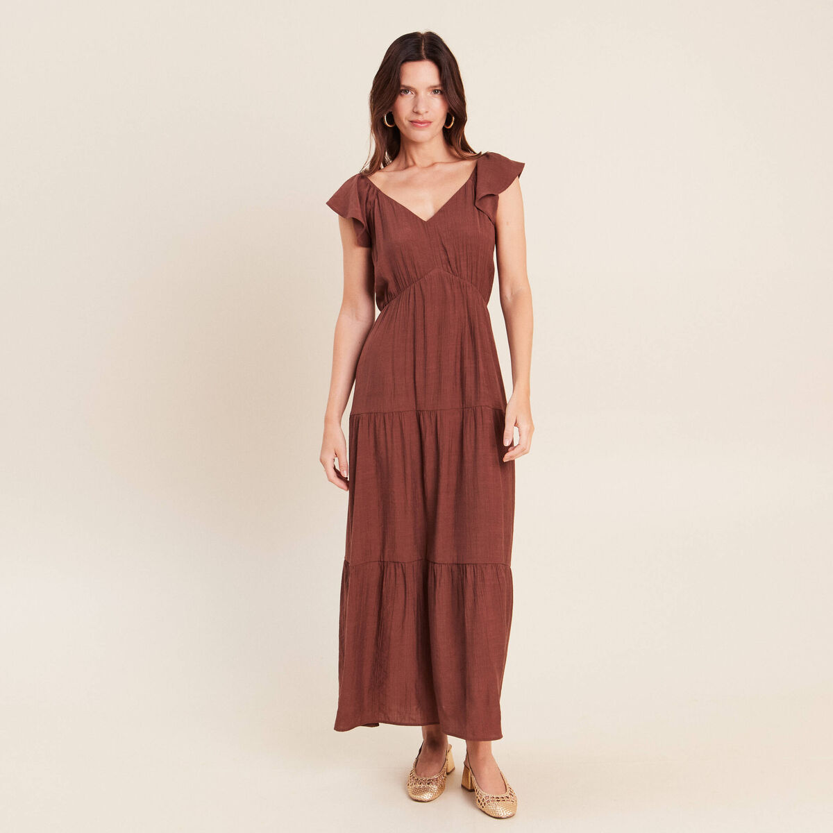 Robe longue &eacute;vas&eacute;e manches courtes marron femme