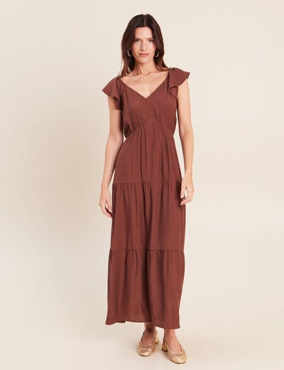Robe longue &eacute;vas&eacute;e manches courtes marron femme