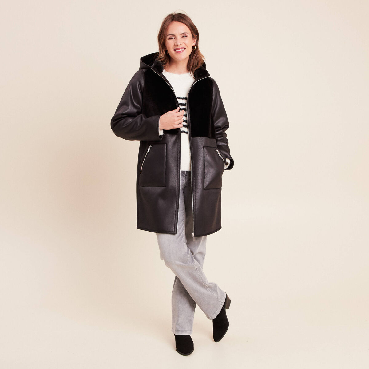 Veste Parka Homme Tergal - Doublure Fausse Fourrure Amovible - Taille M - Marron Chocolat