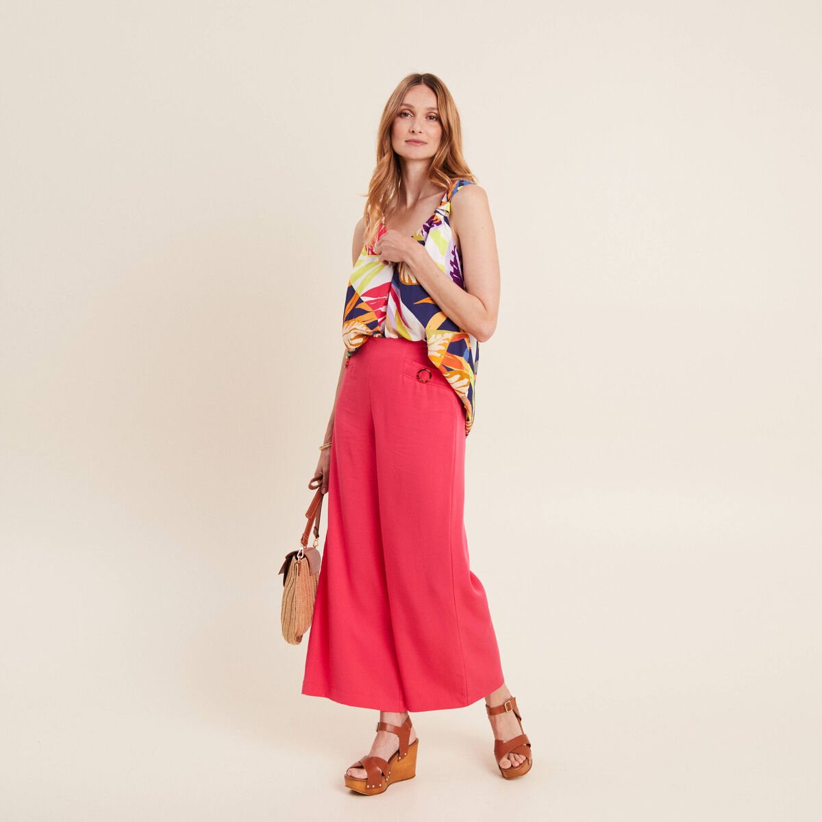 Pantalon large avec boucles rose framboise femme