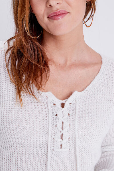Pull à lacets sur le devant ecru femme