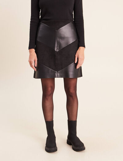 Jupe trap&egrave;ze courte aspect daim doubl&eacute;e noir femme