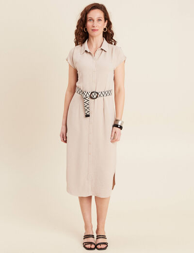 Robe chemise droite ceinturée sable femme
