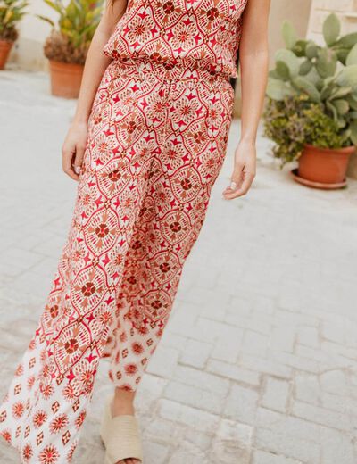 Pantalon large taille haute rose femme
