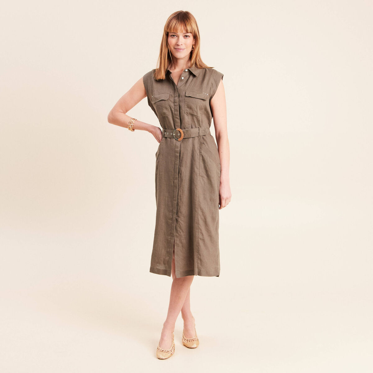 Robe &eacute;vas&eacute;e manches tr&egrave;s courtes vert kaki femme