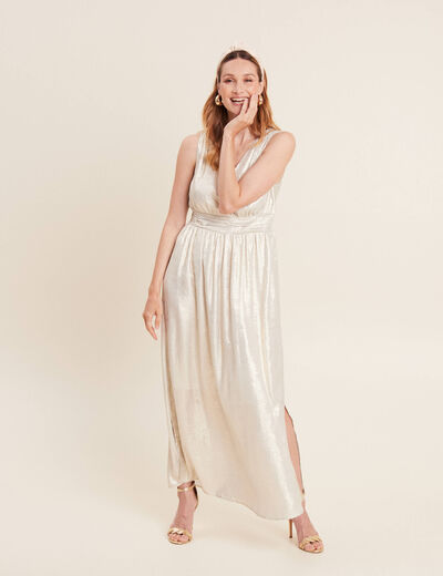 Robe longue évasée métallisée couleur or femme
