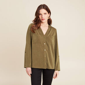 Blouse manches 3/4 à capuche vert olive femme