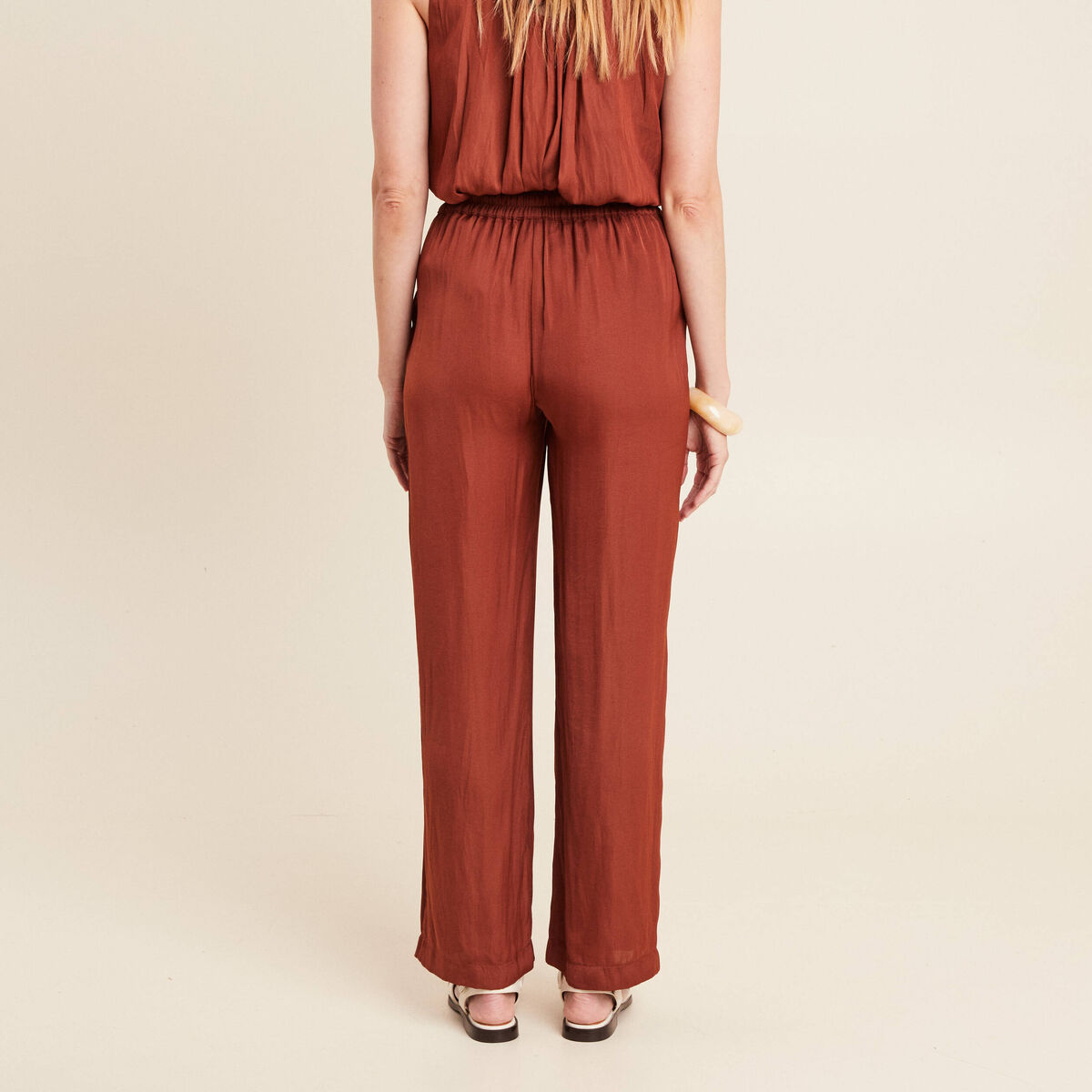 Pantalon large taille haute marron foncé femme