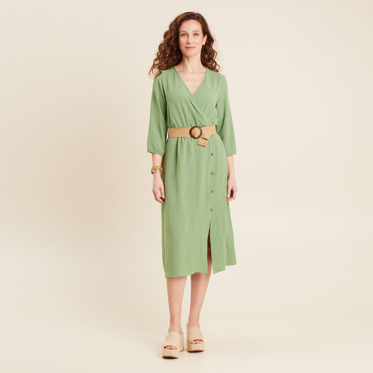 Robe droite ceinturée vert femme