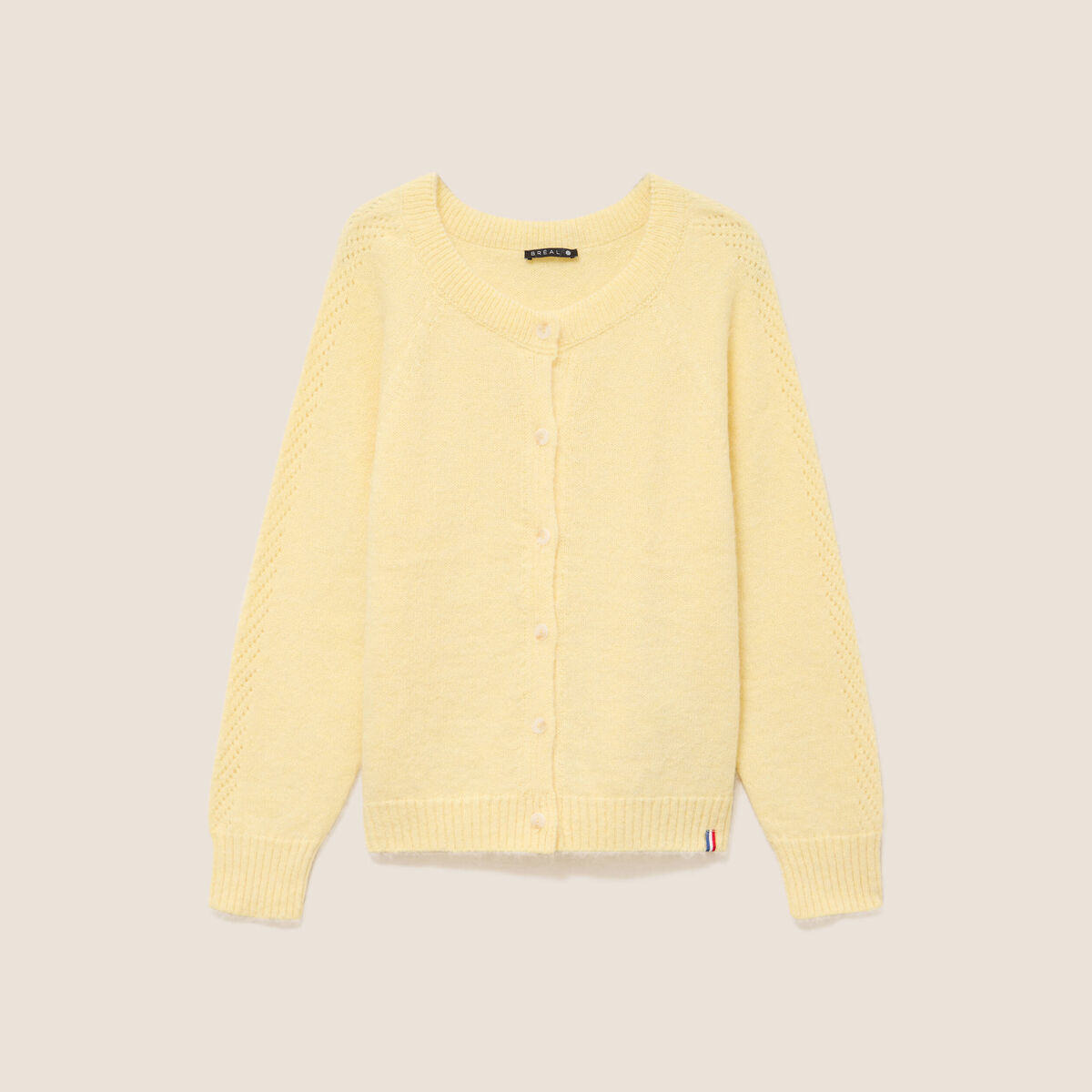 Gilet manches longues col rond jaune pastel femme