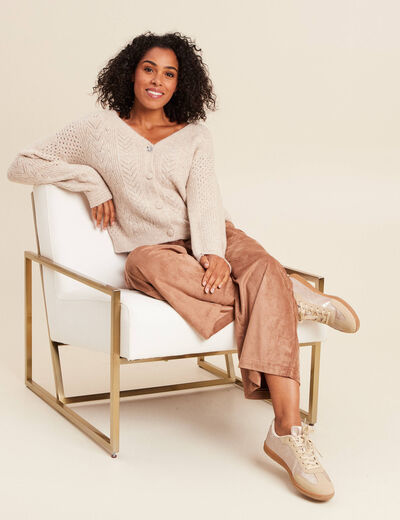Pantalon su&eacute;dine large &agrave; pinces marron clair femme