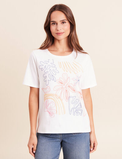 T-shirt col rond manches courtes brod&eacute; blanc femme