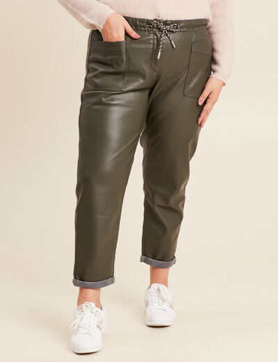 Pantalon paperbag simili cuir vert kaki femme