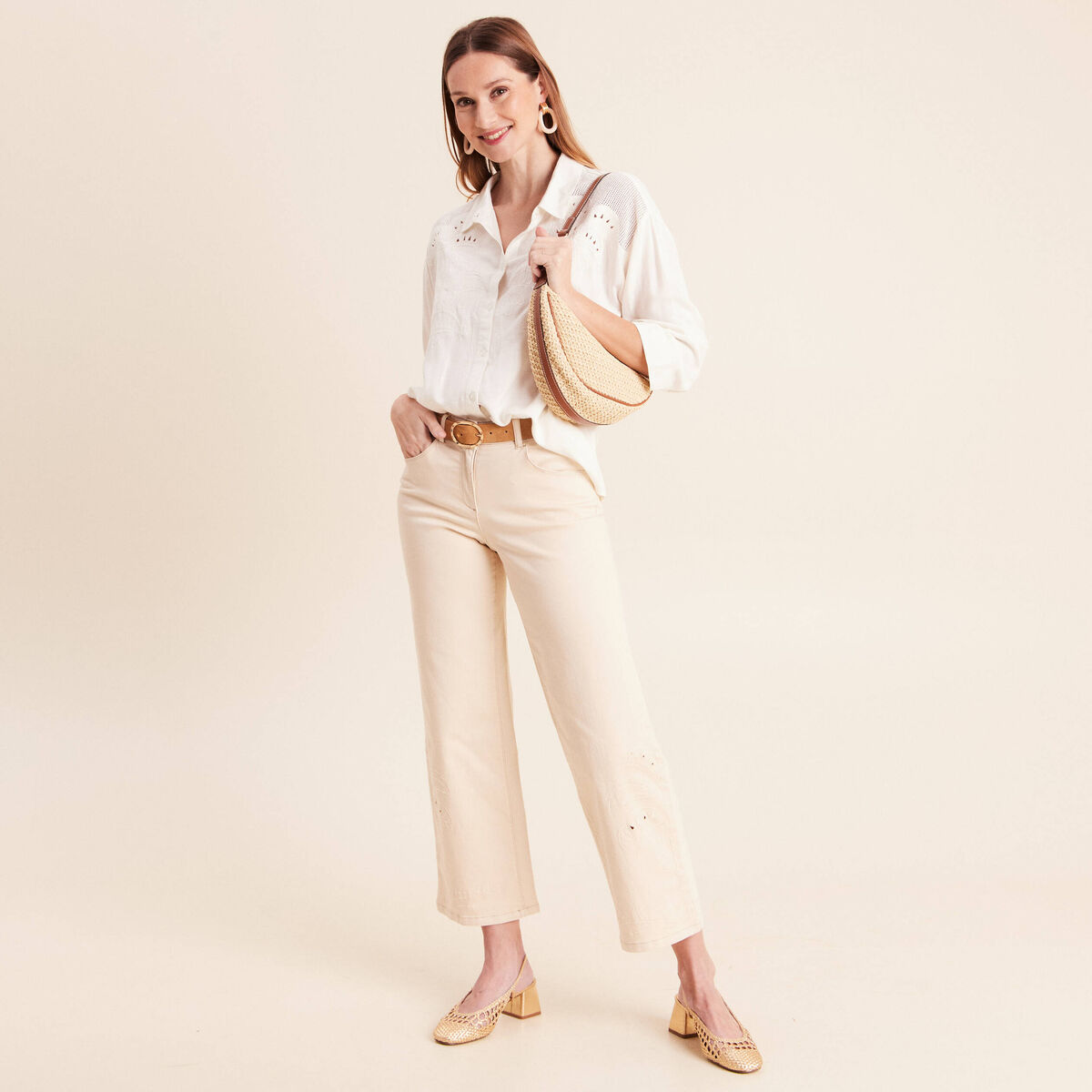 Pantalon 7/8&egrave;me coupe large ivoire femme