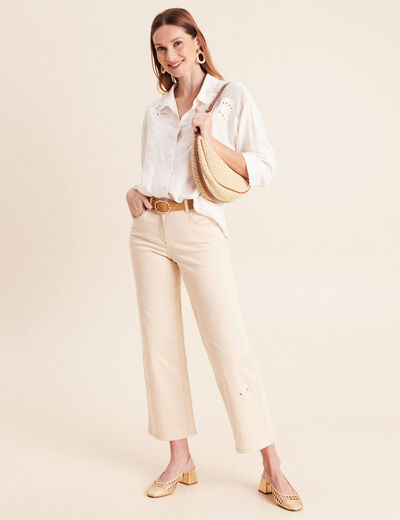Pantalon 7/8&egrave;me coupe large ivoire femme